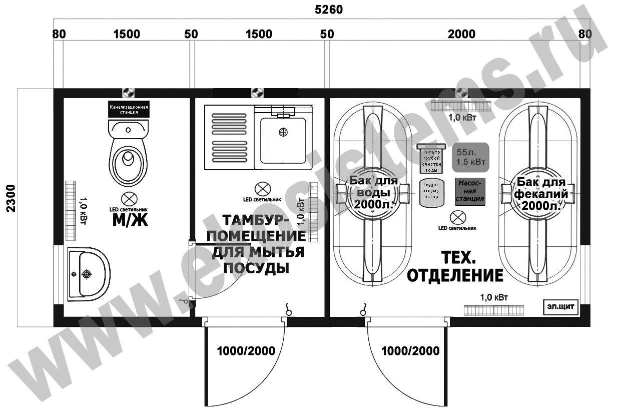 картинка Автономный туалетный модуль "АТМ-1Т1М1Т-2022" c тамбур-помещением для мытья посуды автономные туалетные модули